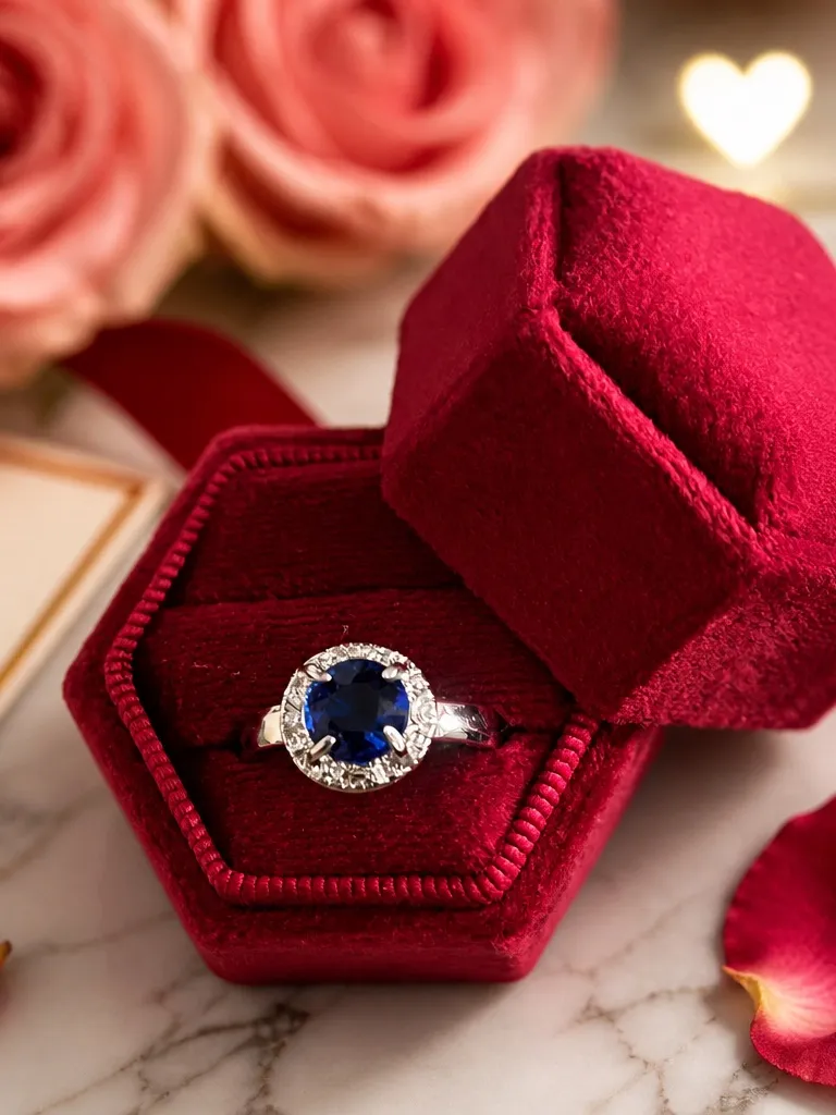 Sterling Silver Sapphire Halo Ring in Deep Blue Size 8
