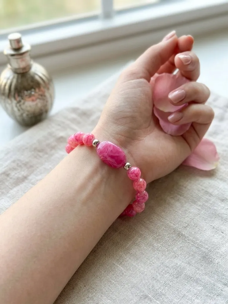 Hot Pink Swirl Bead Stretch Bracelet, Oval Statement Stone, Silver Accents