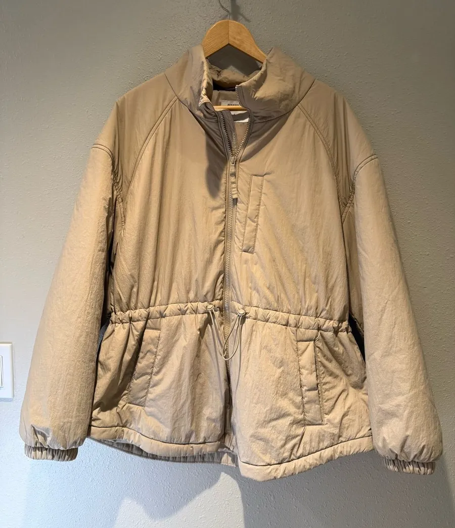 Old Navy Tan Beige Cinched Waist Puffer Jacket Windbreaker High Neck Zip Large