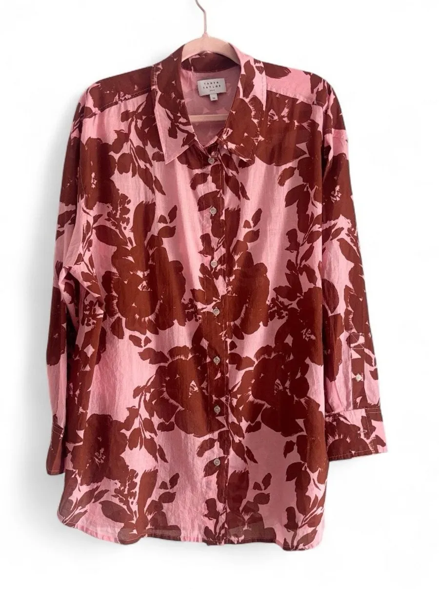 Tanya Taylor Swim Pink Floral Button-Up Casual Blouse Swim Cover Size XL