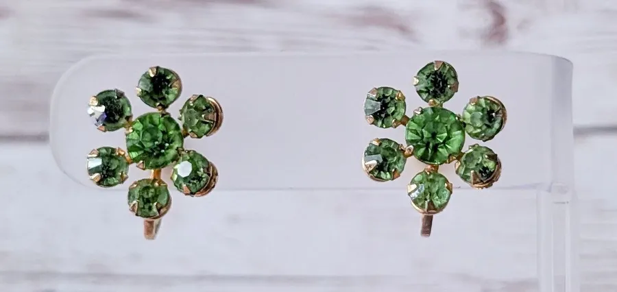 Vintage Screw Back Earrings Green Gems Flower 5/8"