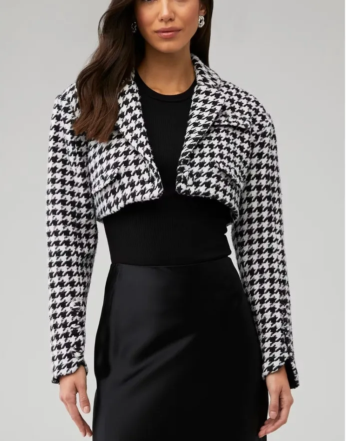 For Love & Lemons Bonnie Cropped Jacket Black White Houndstooth Size Large NWT