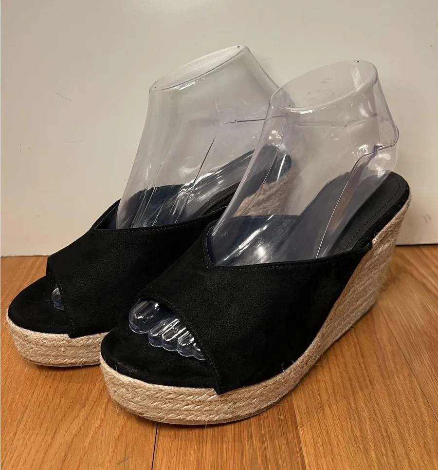 Espadrille Wedge Sandals Womens Size 6.5 Black Faux Suede Slip On Shoes