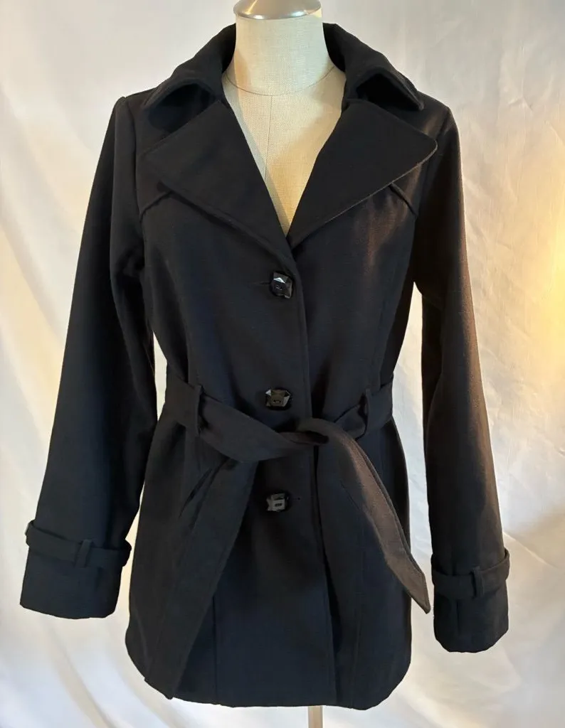 Maurices black double breasted belted fall winter peacoat Sz L elegant old money