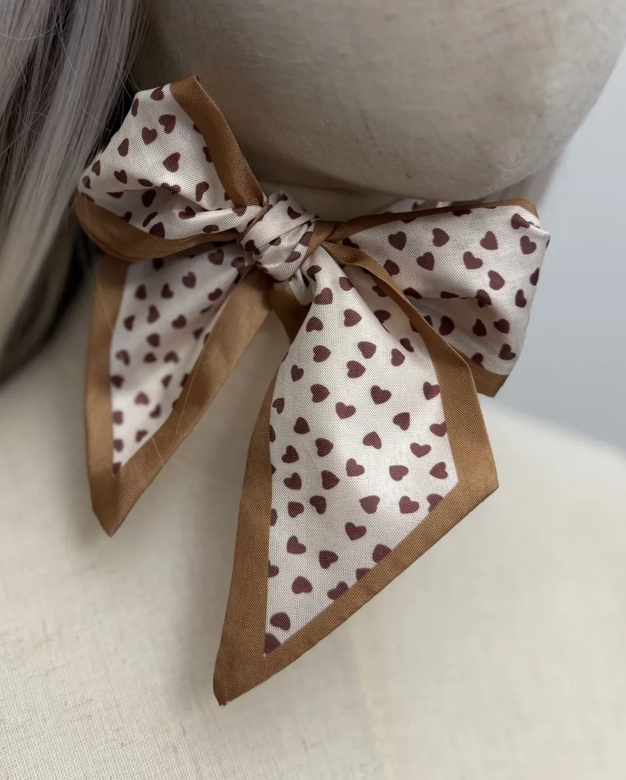 Cream Heart Print Skinny Scarf Brown Trim Twilly Hair Scarf Tan