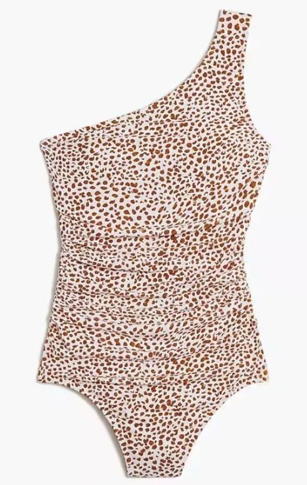 J. CREW One Piece Swimsuit XXL Brown White Animal Print Ruched One Shoulder