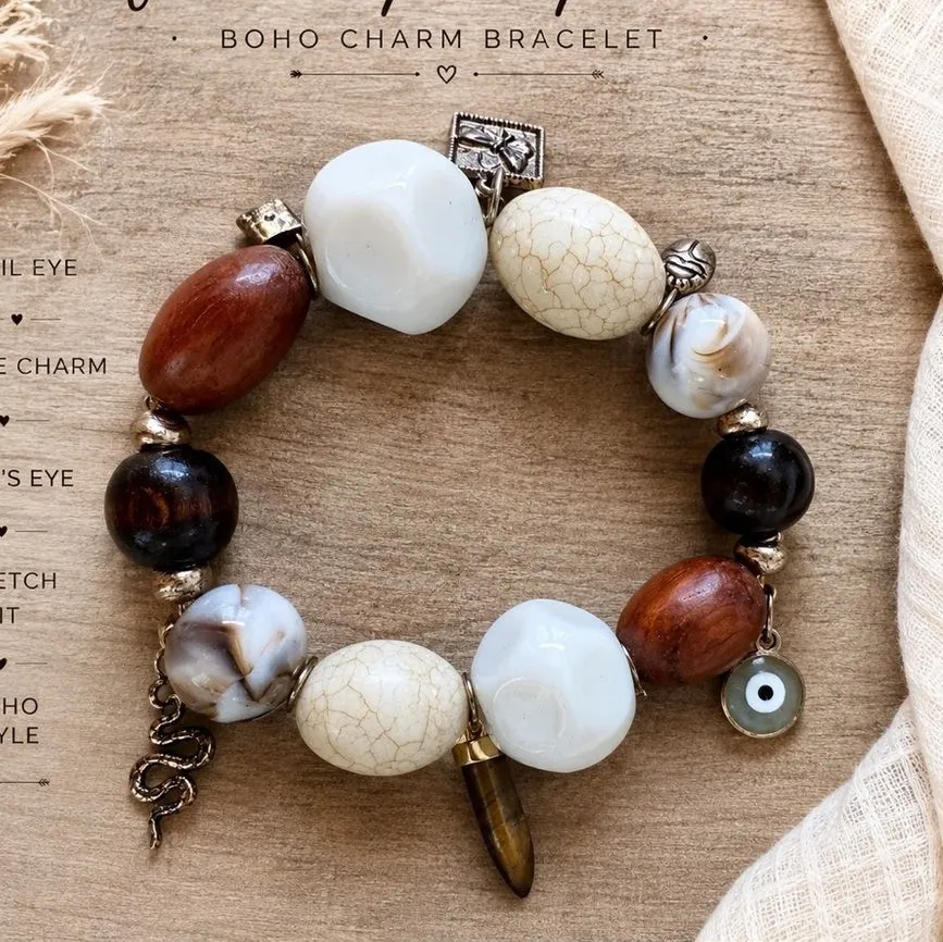 Free People Vintage Boho Stone Charm Stretch Bracelet Evil Eye Snake Tiger’s Eye