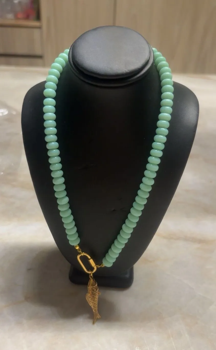 Mint Beaded Necklace with Gold Fish Charm