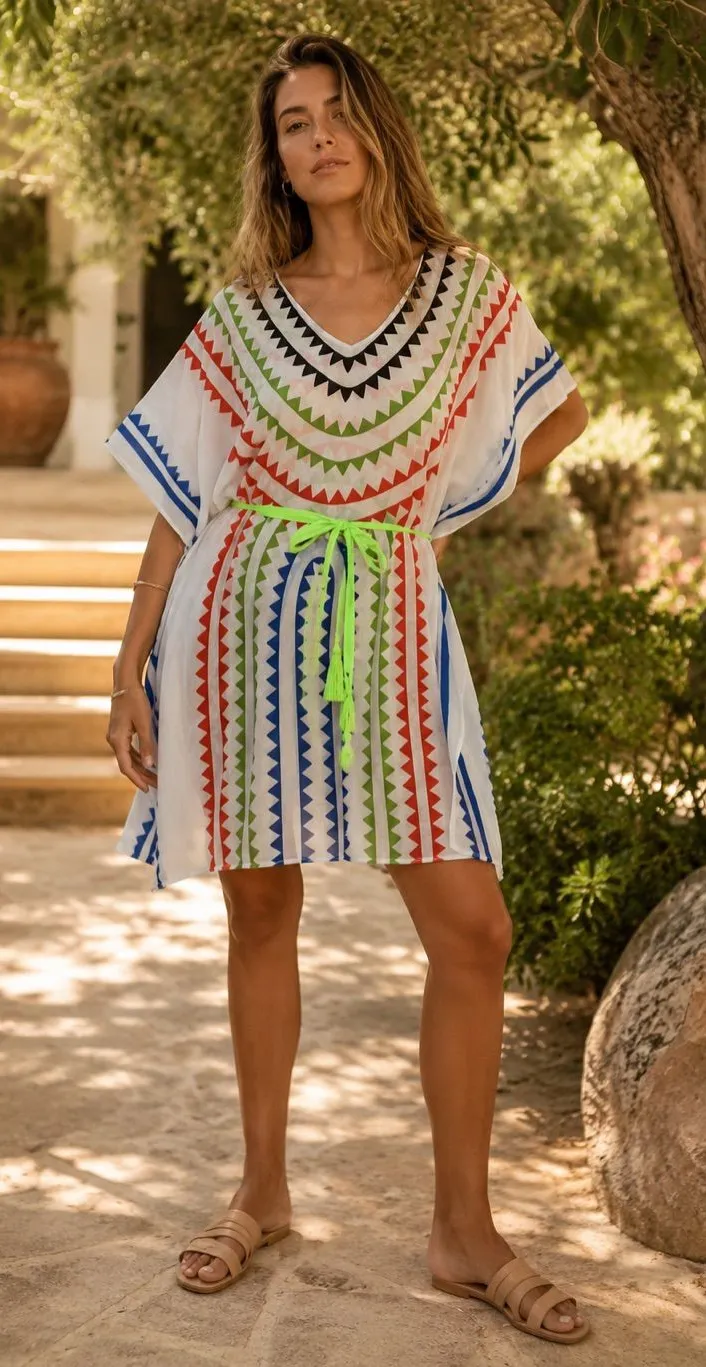 Jealous Tomato Multicolor Chevron Kaftan Cover Up Tassel Tie L Resortwear