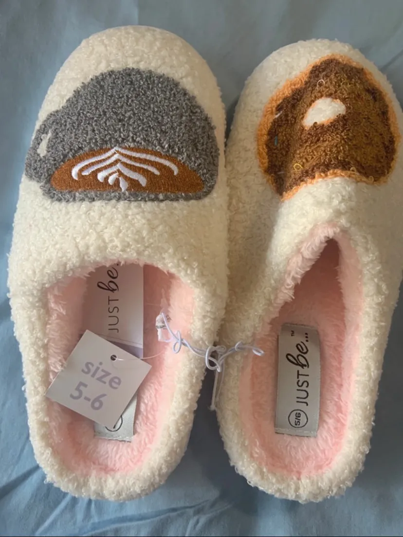 just be Cream Fuzzy Animal Slip-On Slippers with Pink Lining