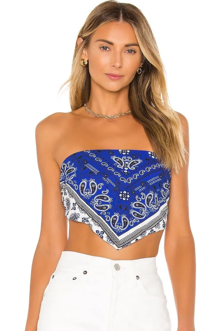 superdown Blue Bandana Strapless Handkerchief Crop Top