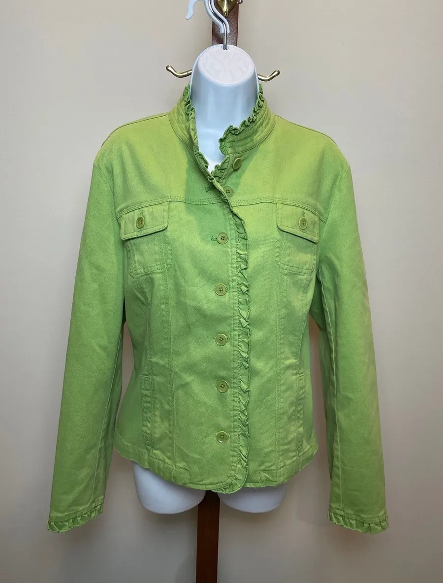 Harold's Chartreuse Denim Jacket With Ruffle Detail Sz XL Structured Fit Cotton Green