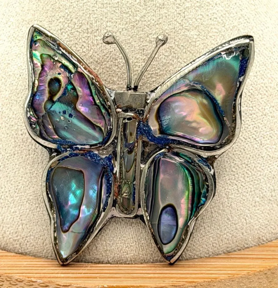 Vintage Alpaca Mexico Abalone Shell Butterfly Brooch