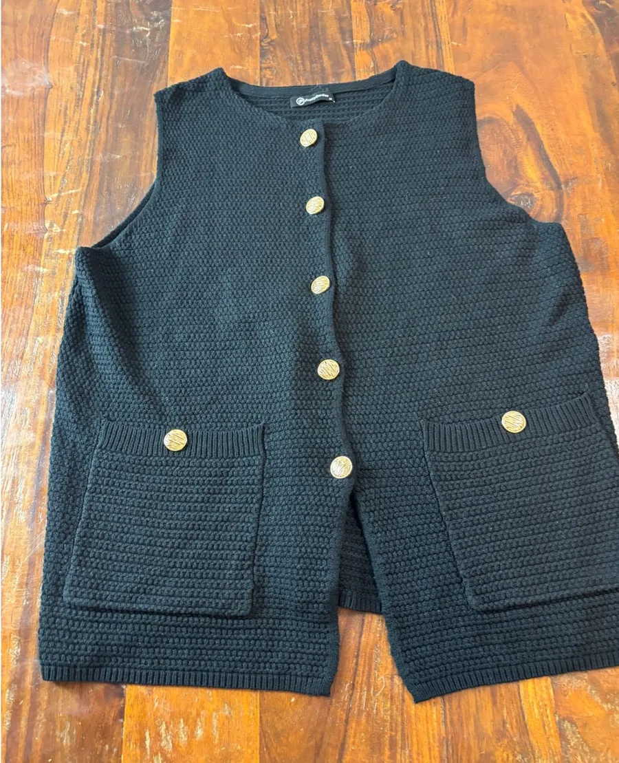 PrettyGarden Womens Black Textured Knit Button Front Vest Gold Buttons Size M