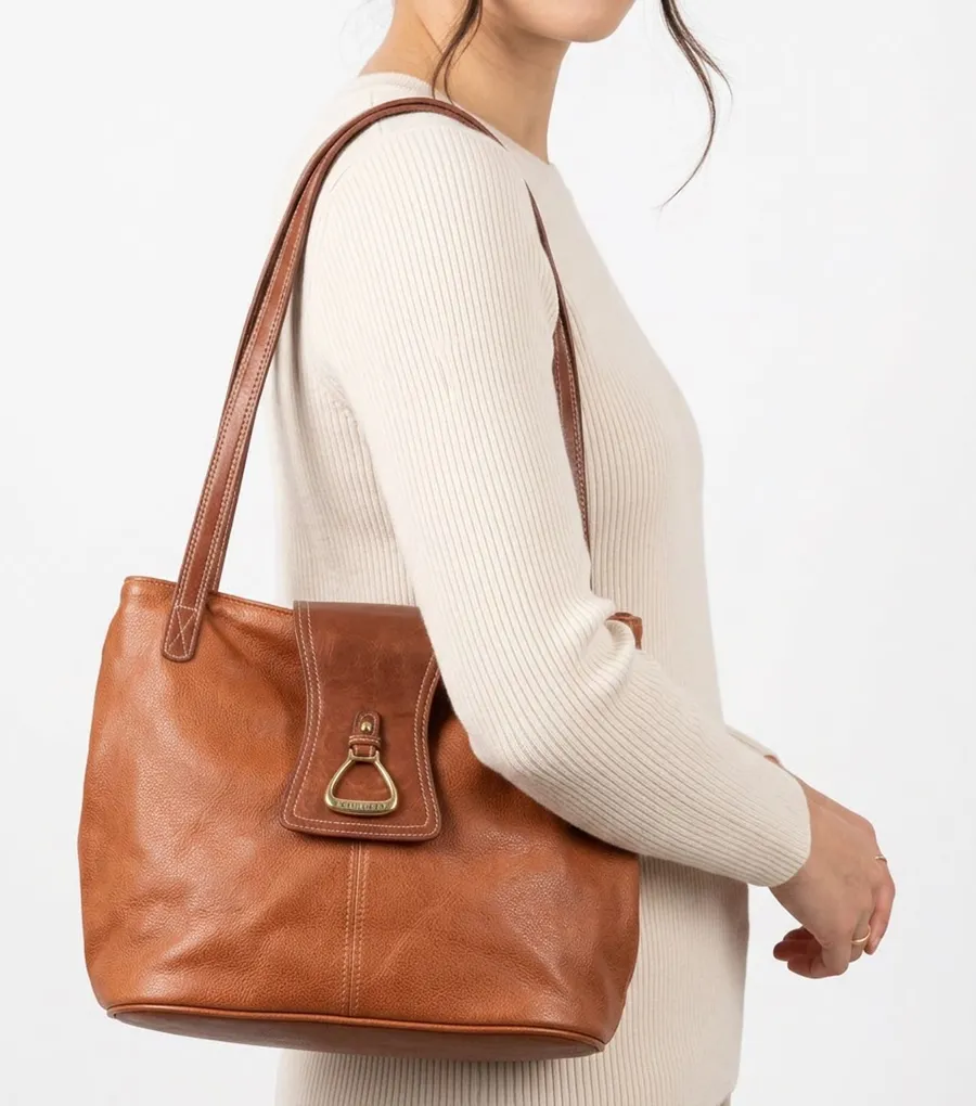 Leslie Fay Shoulder Bag Womens Medium Brown Leather Stirrup Hardware Good