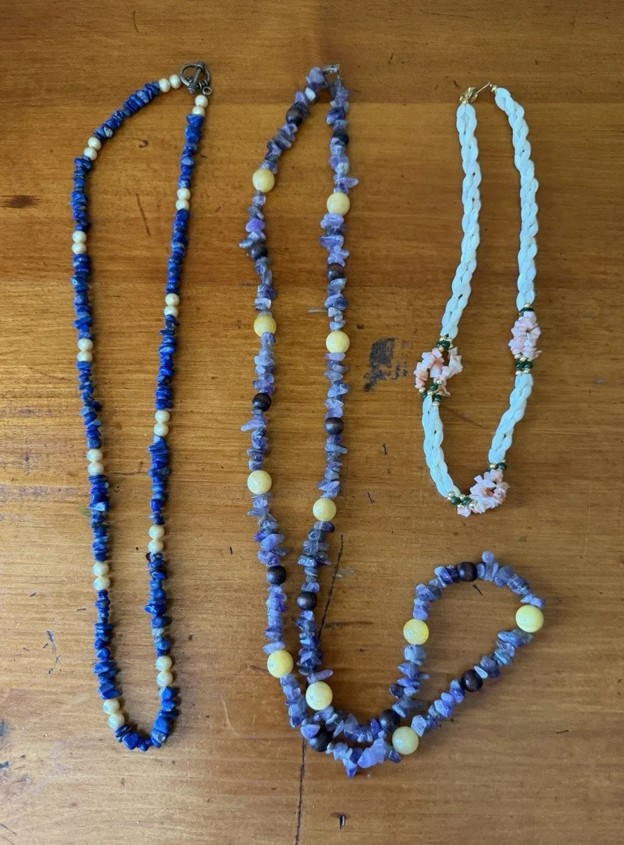 Boho Gemstone Necklace Bundle Amethyst Lapis Floral Beaded Layering Jewelry Lot