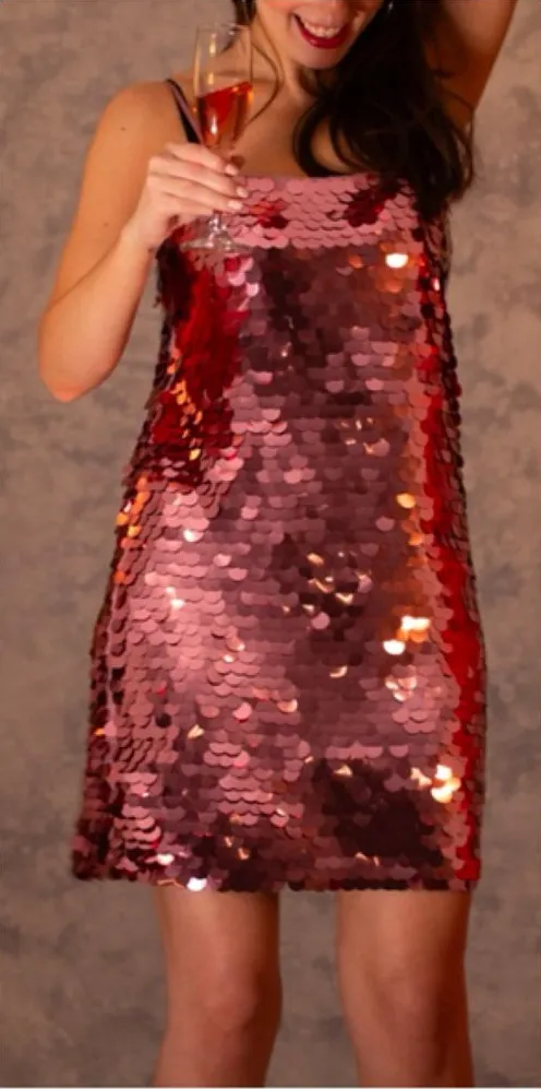 A New Day Metallic Rose Pink Sequins Paillette Shift Mini Dress Size Medium