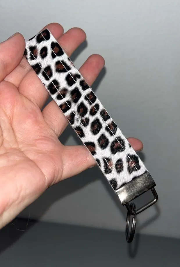 Handmade Vinyl Cute Trendy White Cheetah Print Keyfob Wristlet Keychain Animal