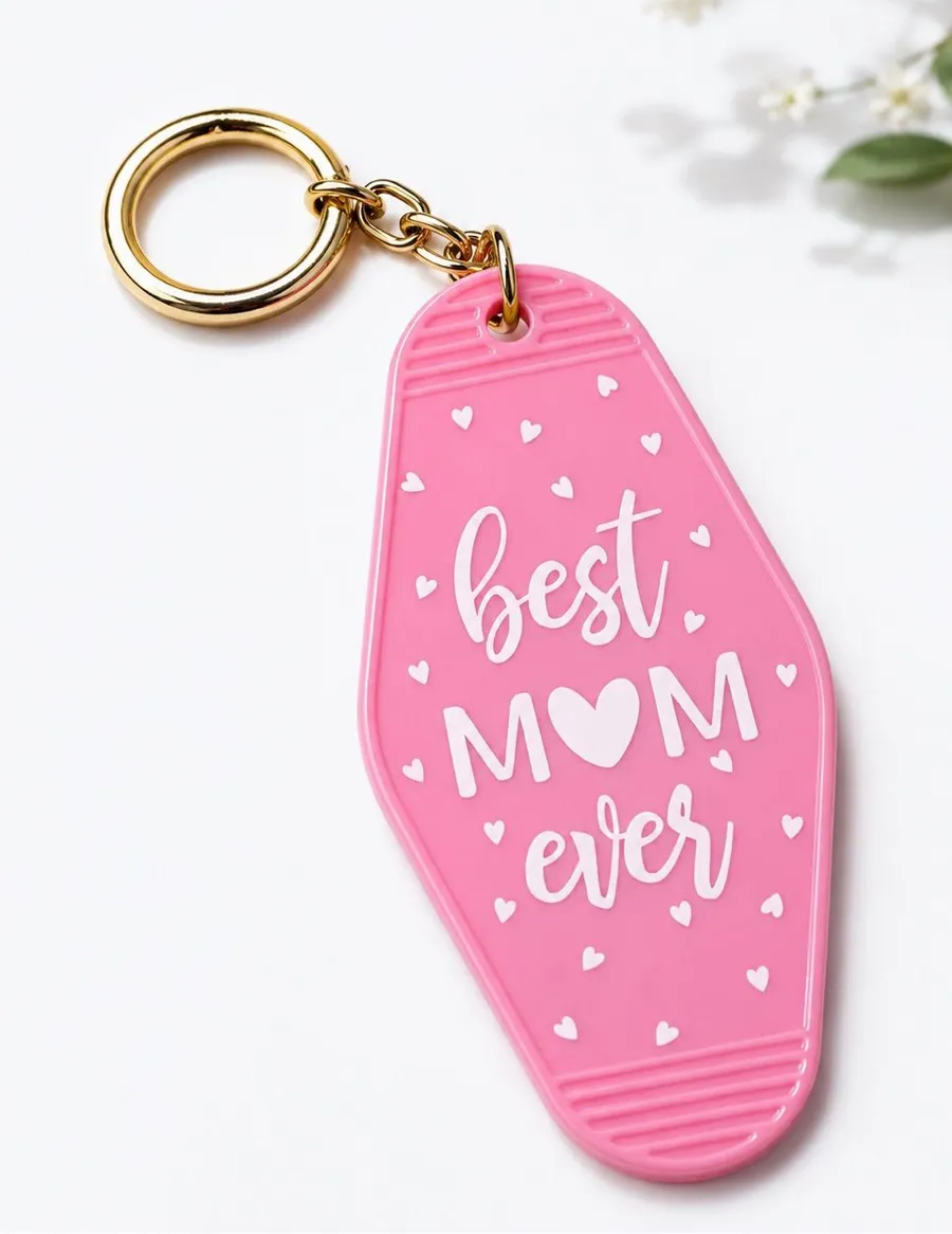 Blue Moon Studio NWT Best Mom Ever Bag Charm Hotel Key Chain Pink Heart Retro