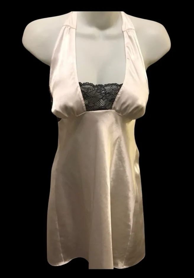 Frederick’s Of Hollywood Sexy Halter Chemise Sz. M White Black Lace Low Cut