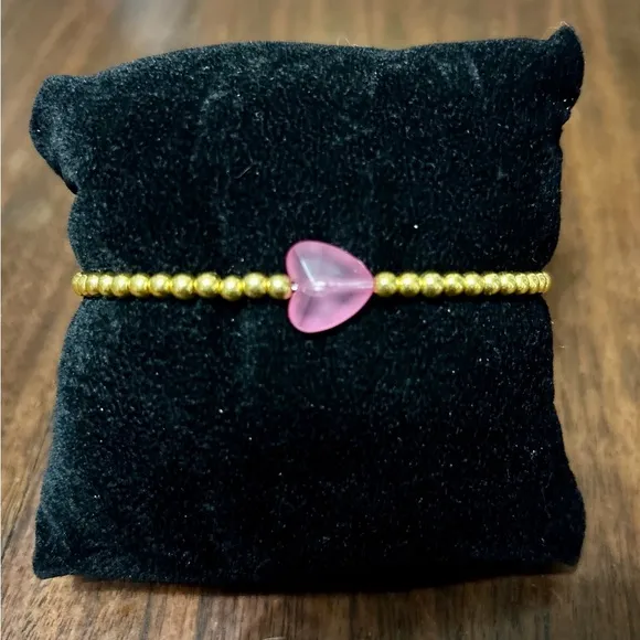 Gold Beaded Bracelet with Pink Heart Charm