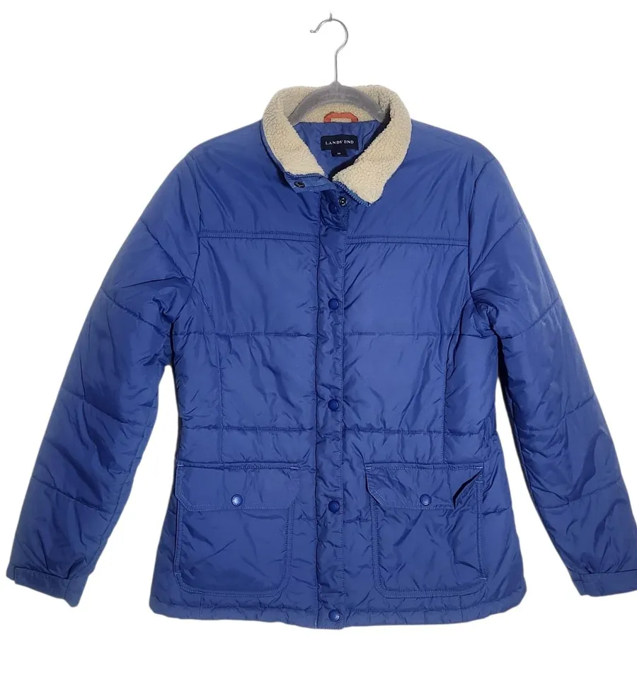 Lands’ End Womens Blue Puffer Jacket with Sherpa Collar Size Medium 10-12
