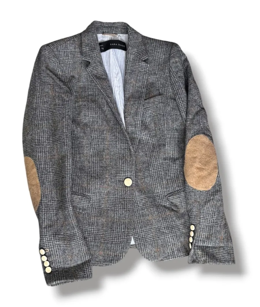 Zara Basic Shetland Wool Glen Plaid Blazer Suede Elbow Patches Academia Heritage Gray Size M