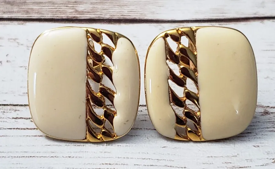 Vintage Clip On Earrings Cream, Gold Tone Detail Rounded Square 7/8"
