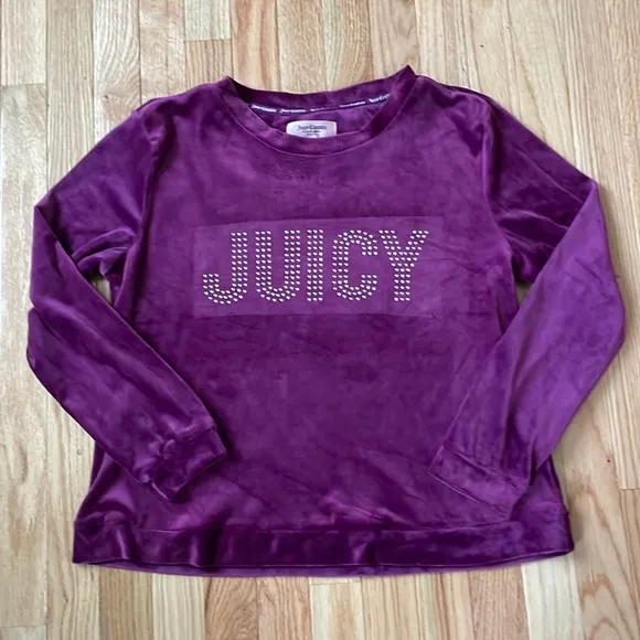 Juicy Couture Shirt Womens Large Purple Logo Rhinestones Sleepwear Long Sleeve