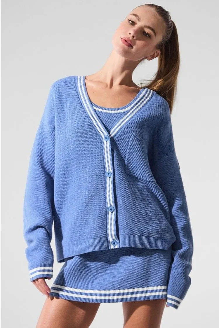 ALO Yoga Tennis Club Sweater Knit Cardigan Crystal Clear Blue/White Sz L Preppy