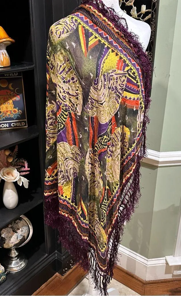 Oscar de la Renta Studio Fringe Square Scarf – Boho Abstract Print – Multicolor