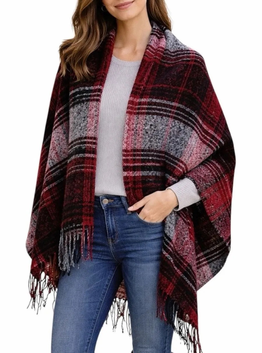 Plaid Blanket Scarf Shawl Wrap Red Black Gray Fringe Winter Poncho Oversized