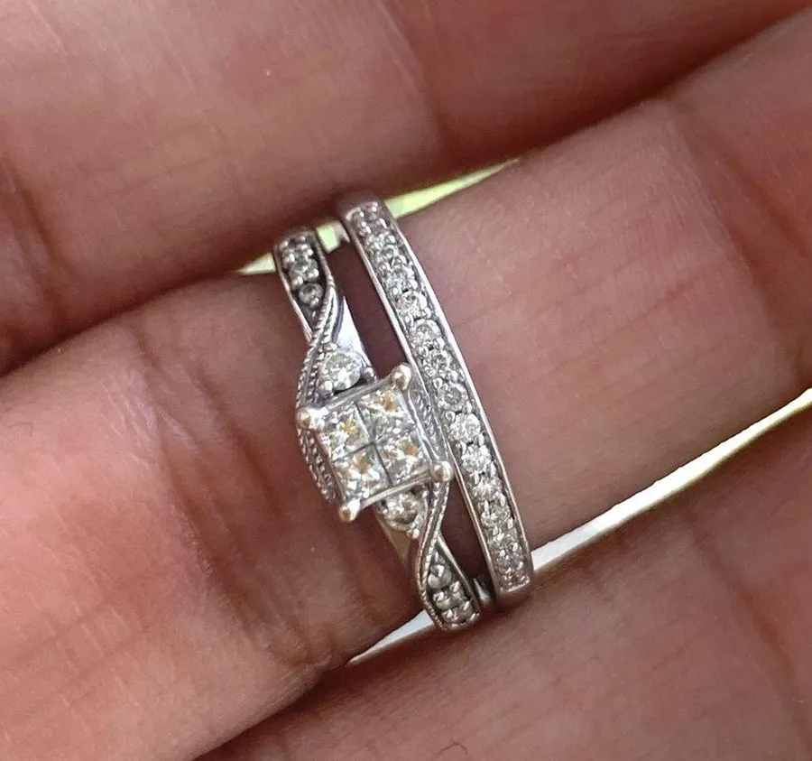 10kt White Gold Quad Princess Cut Diamond Weddind Ring Set