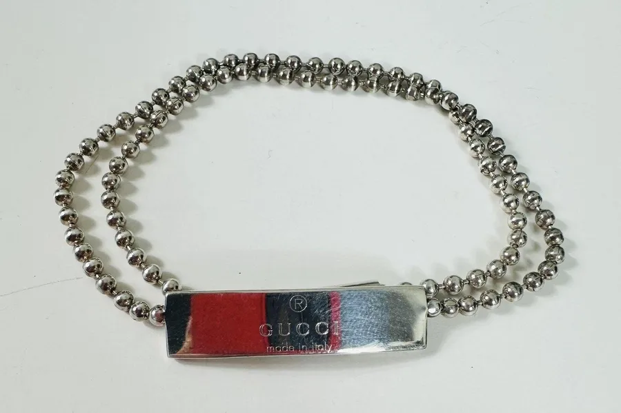 Gucci 925 Sterling Silver Beaded ID Bar Chain Bracelet Made In Italy Designer