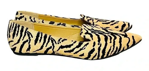 Qupid Zebra Print Flats Womens 7 Tan Black Pointed Toe Loafers Animal Print Chic