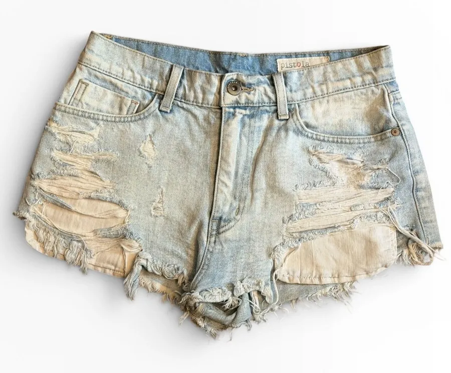 Pistola Distressed High Rise Light Wash Denim Mini Cutoff Frayed Shorts Size 28