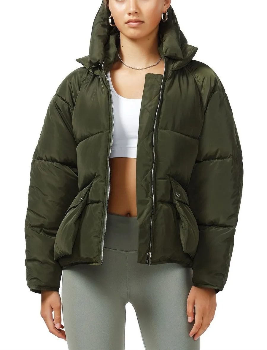 TOAST SOCIETY PLUTO KHAKI GREEN PUFFER JACKET Hooded Patch Pocket EUC Size M Tan Size M