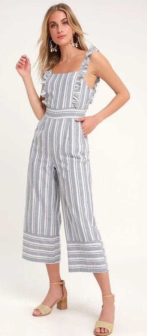 Emilia Rae Blue Striped Ruffle Culotte Jumpsuit
