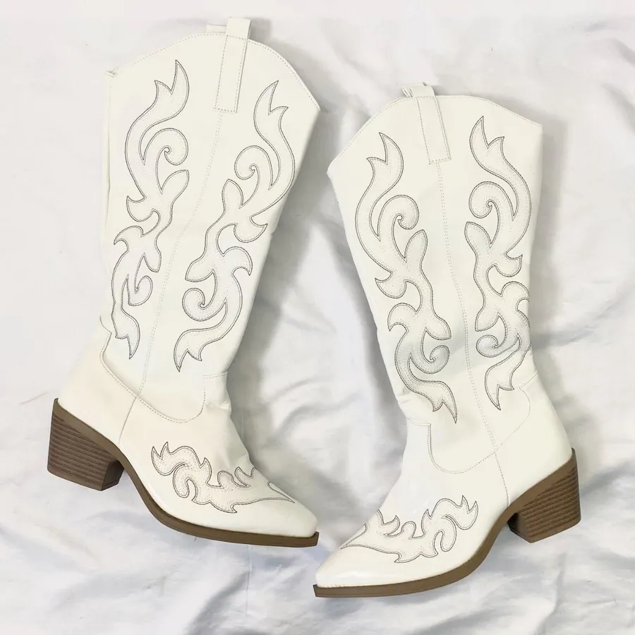 NEW White Pointed Toe Chunky High Heels Flame Cowgirl Boots EU 37 US 6 - 6.5