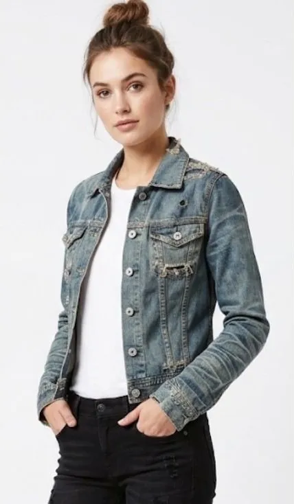 AG Adriano Goldschmied Robyn Distressed Denim Jacket Medium Wash Womens Size S