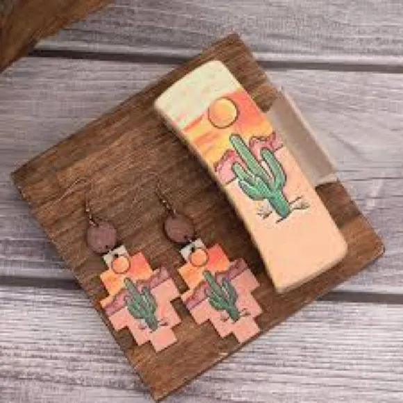 🌵 Desert Cactus Hair Claw & Earrings Set – Southwestern