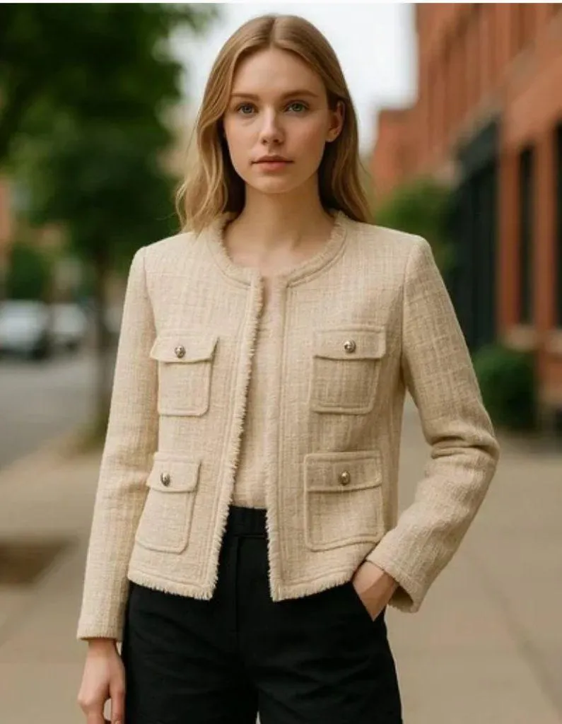 NWT NANETTE nanette lepore Pearl Button Tweed Jacket Large Oatmeal
