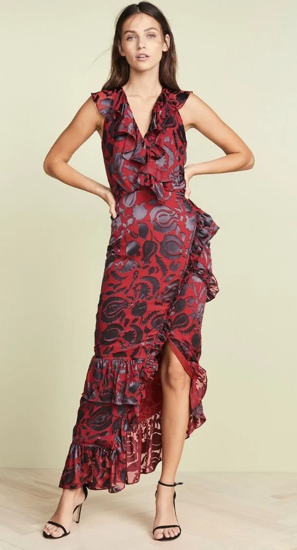 SALONI Anita Silk Burnout Velvet Dress Slit Ruffle Midi Vampire Goth Witchy Red