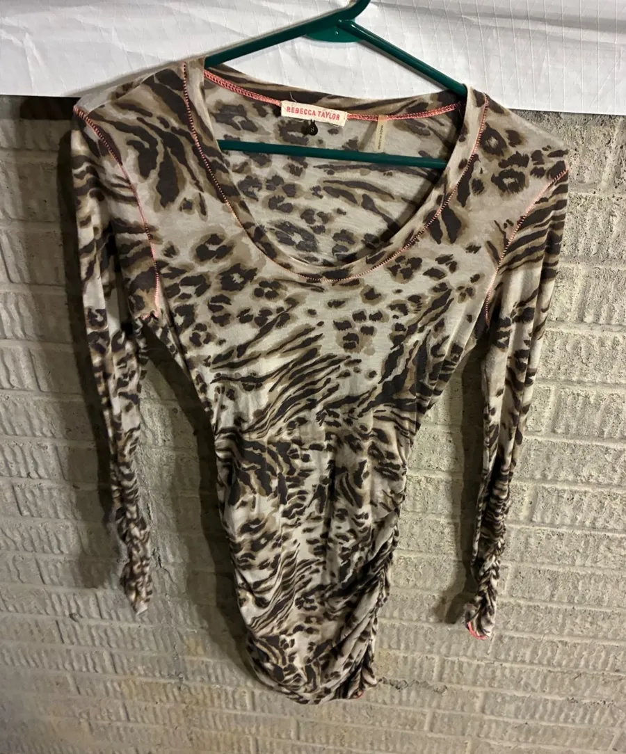 Rebecca Taylor Leopard Zebra Print Ruched Long Sleeve Swim Cover Up Size S