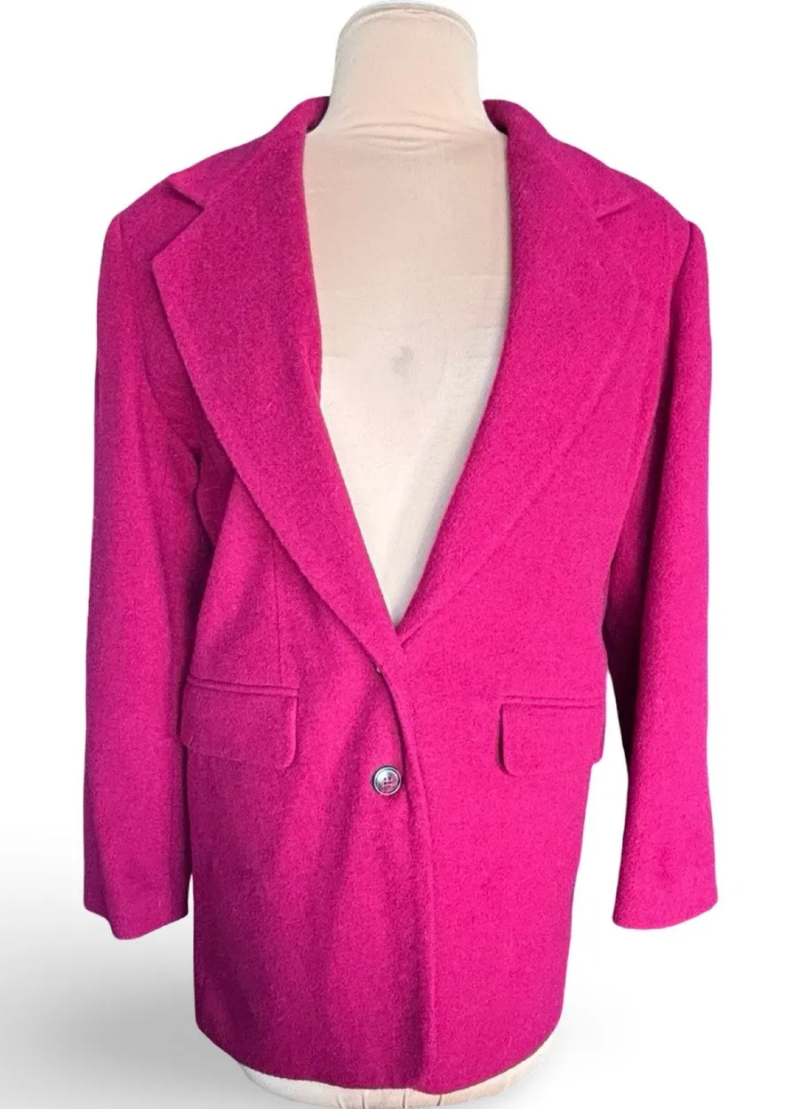 Vintage Magenta Wool Blend Long Coat Blazer Jacket Small Made in USA Winter Warm Red