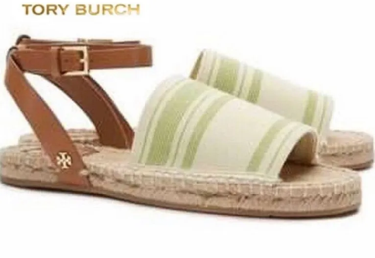TORY BURCH Elastic Awning Stripe Espadrille Sandal Green Ivory Brown Size 6.5
