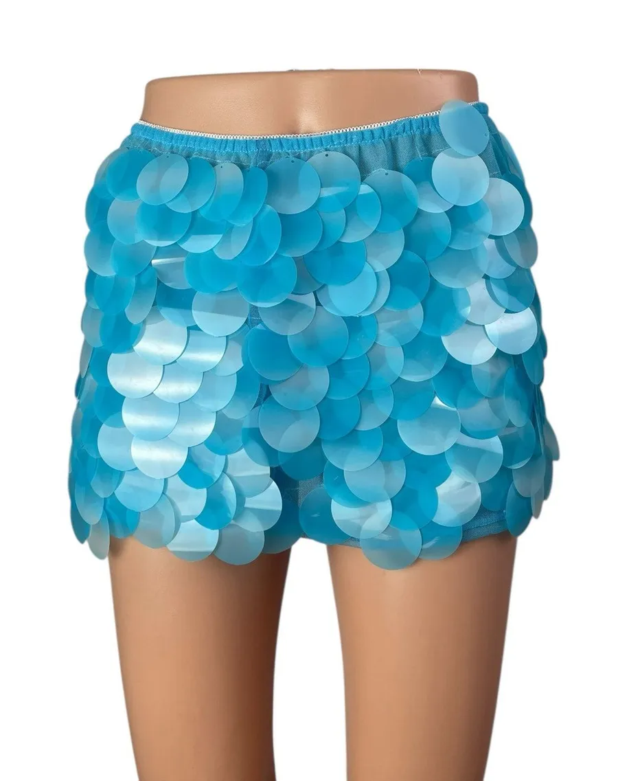 Women's Blue Sequin Shell Mermaid Sparkly High Rise Mini Casual Skirt Size L Size L