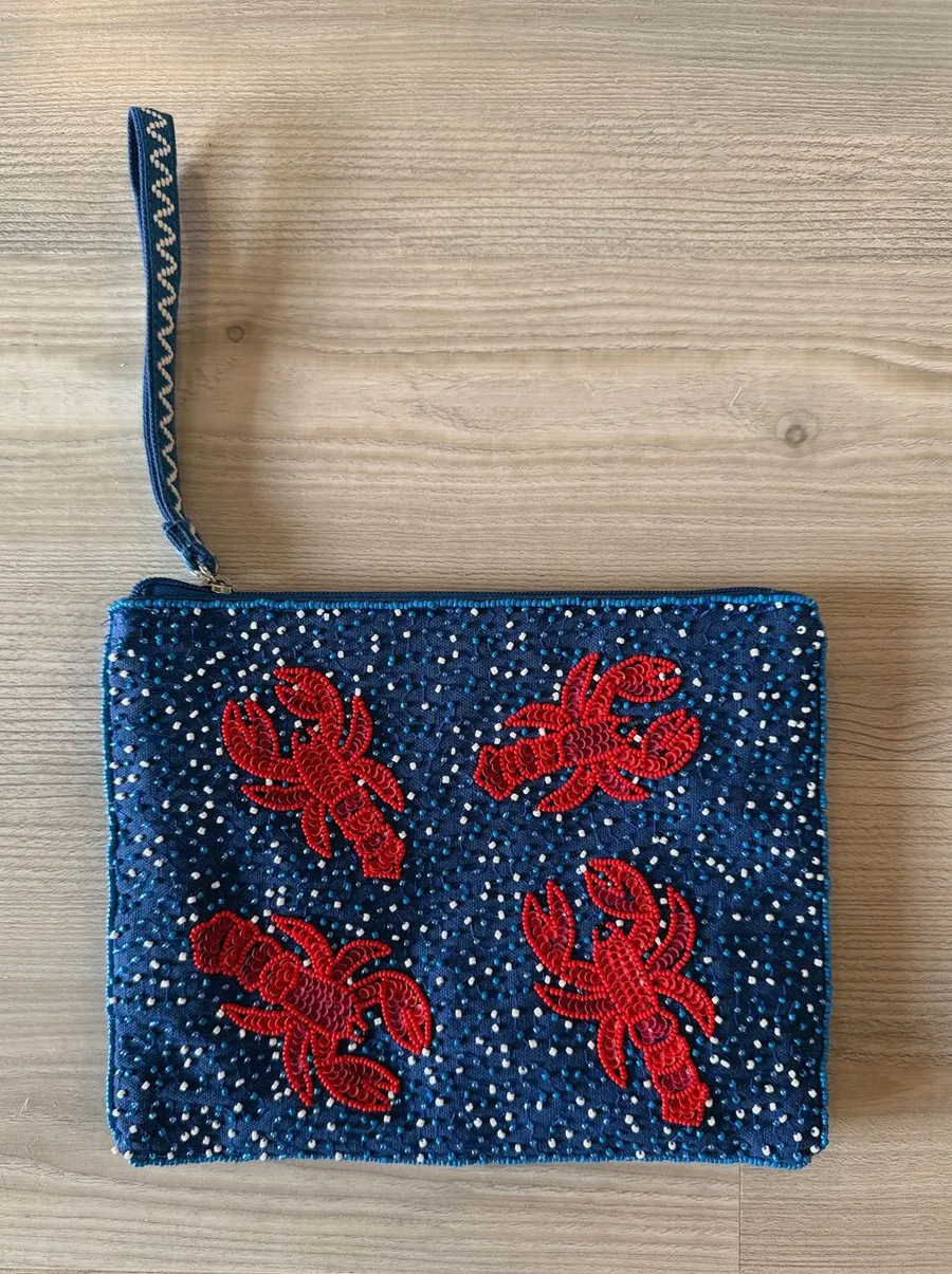 America & Beyond Beaded Navy Wristlet with Red Lobster Embroidery Blue