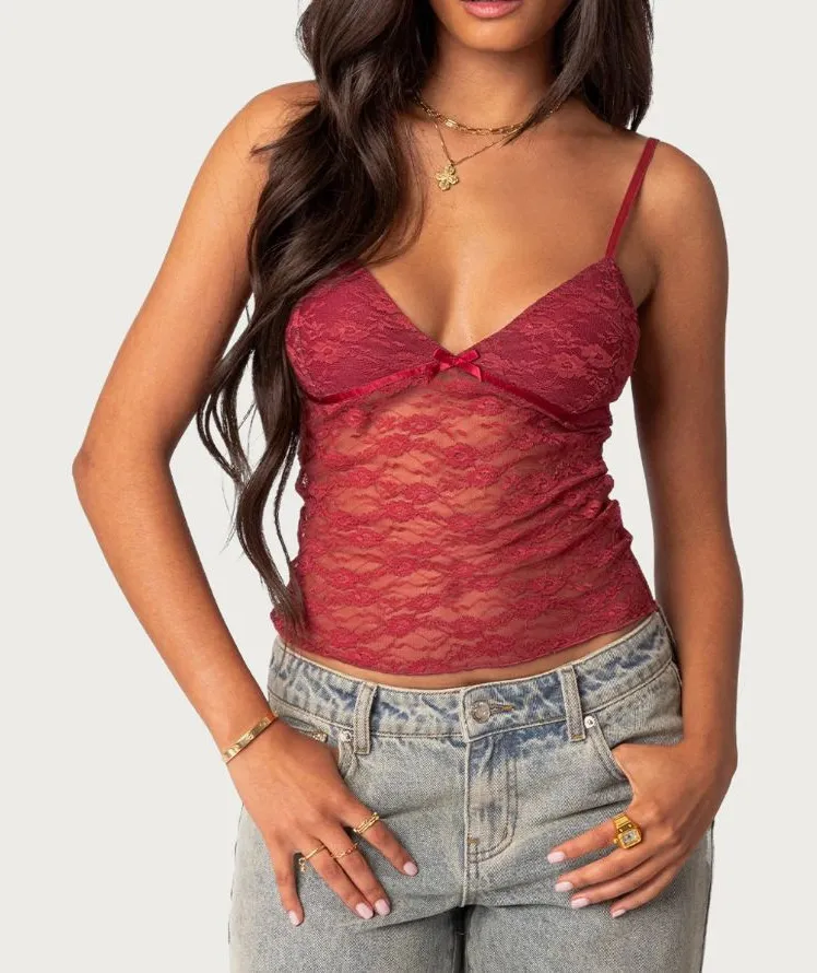 Edikted Lace Tank Top eira sheer crop womens Red (medium) y2k fairy festival