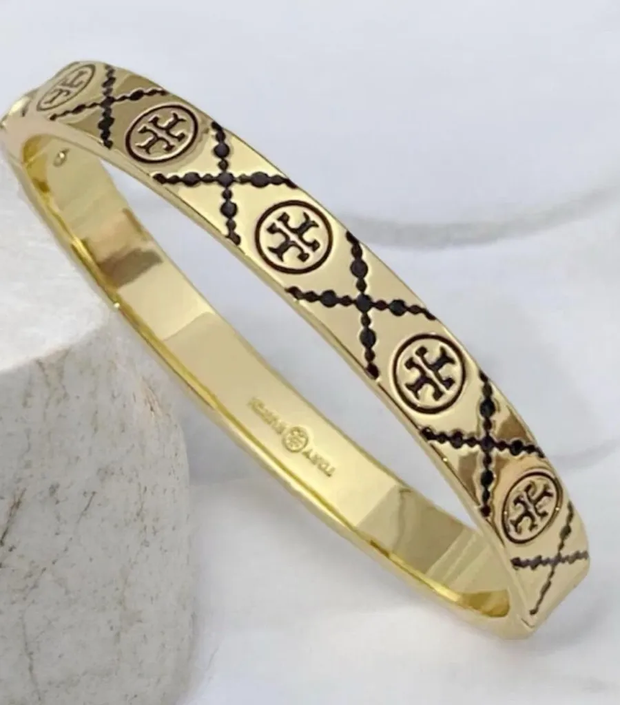 NWT Tory Burch Icon T Monogram Hinge Bracelet gold-tone finish w/ black accent